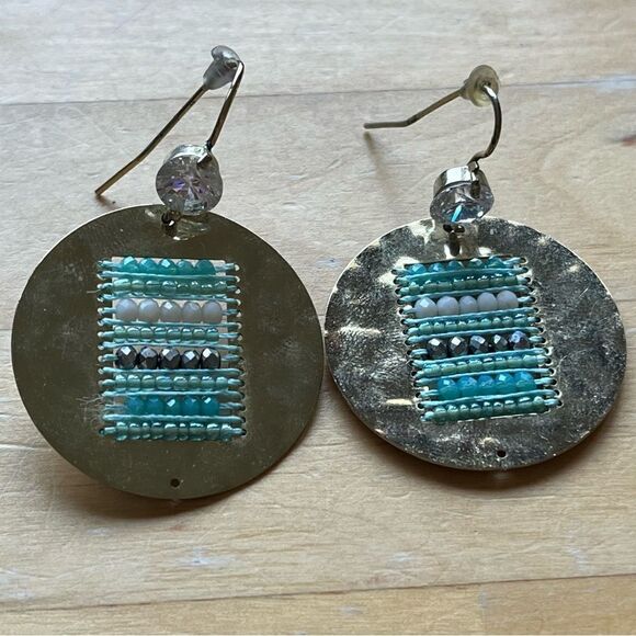 Hammered gold tone earrings crystal beads & clear stone holiday gifts for her - Picture 4 of 5